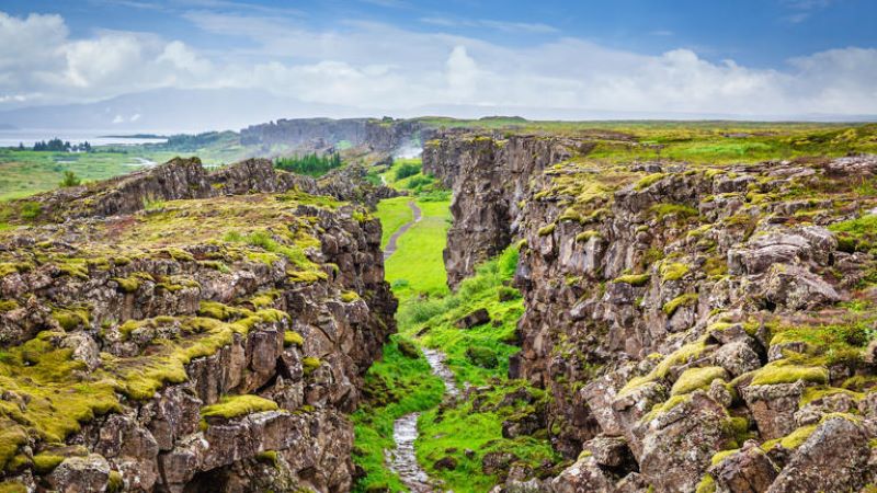 The rift between the North American and Eurasian tectonic plates is visible