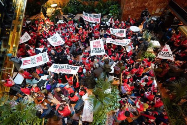 Demonstrators from the human rights organization Jewish Voice for Peace hold a civil disobedience action