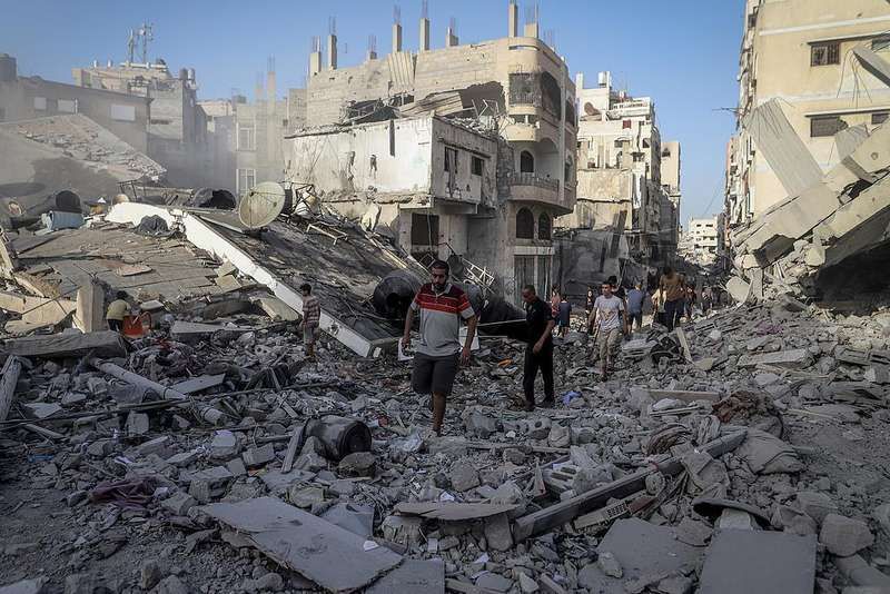 Collapsed buildings after explosion