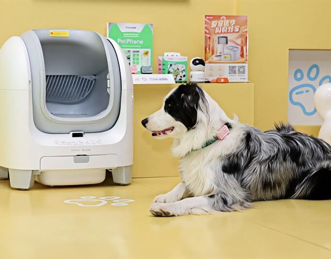 Dog near self-cleaning litter box