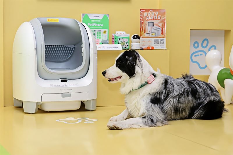 Dog near self-cleaning litter box