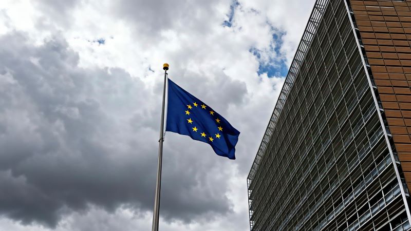 European union flag with a building