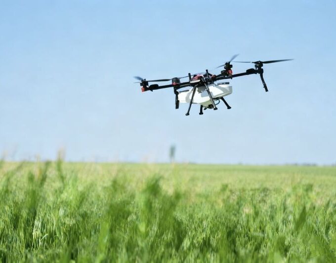Agricultural robot spraying mist in vineyard