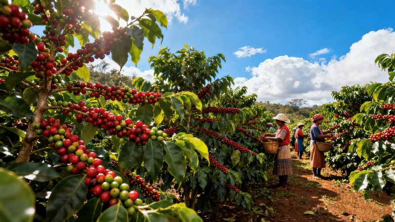 Farmers harvesting coffee cherries