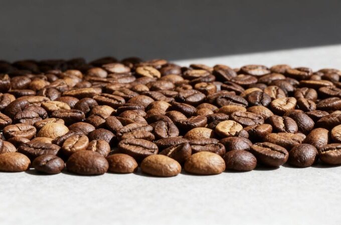 Roasted coffee beans spread out