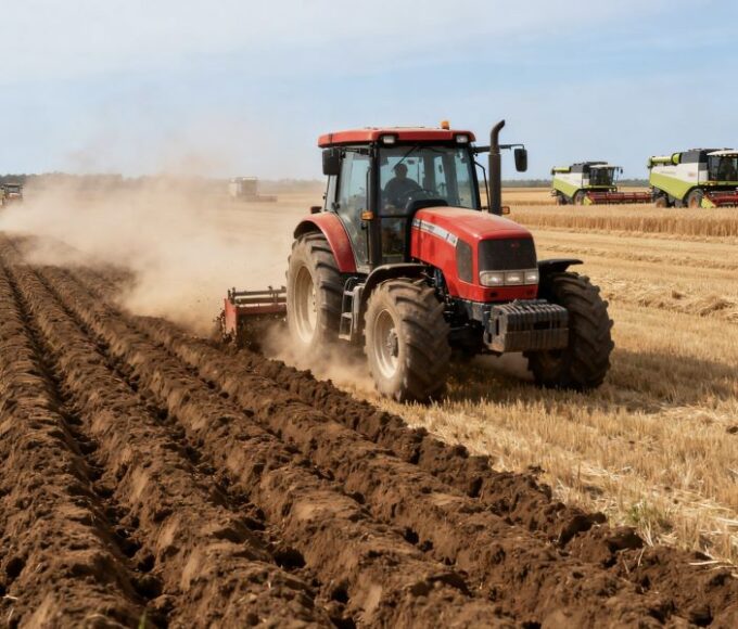 Tractor plowing field