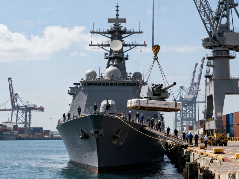 Crane lifting naval artillery onto warship at industrial port