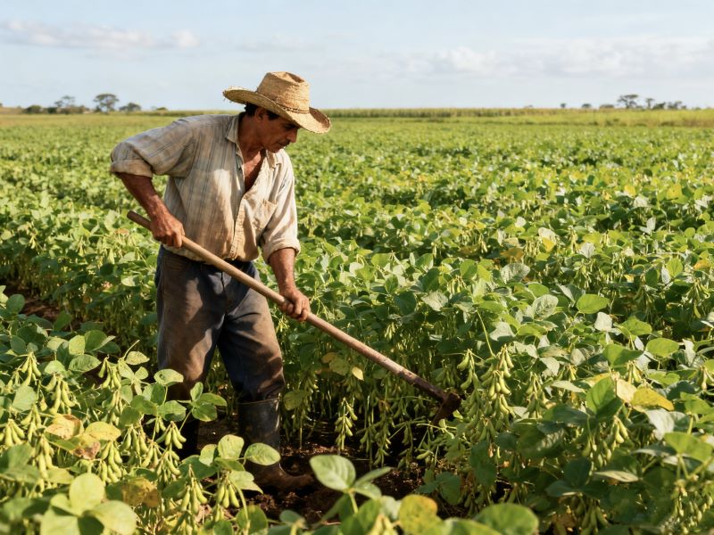 Farmer working in lush soybean field