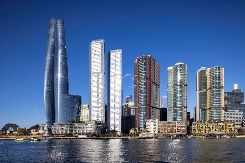 Modern skyscrapers under clear blue sky