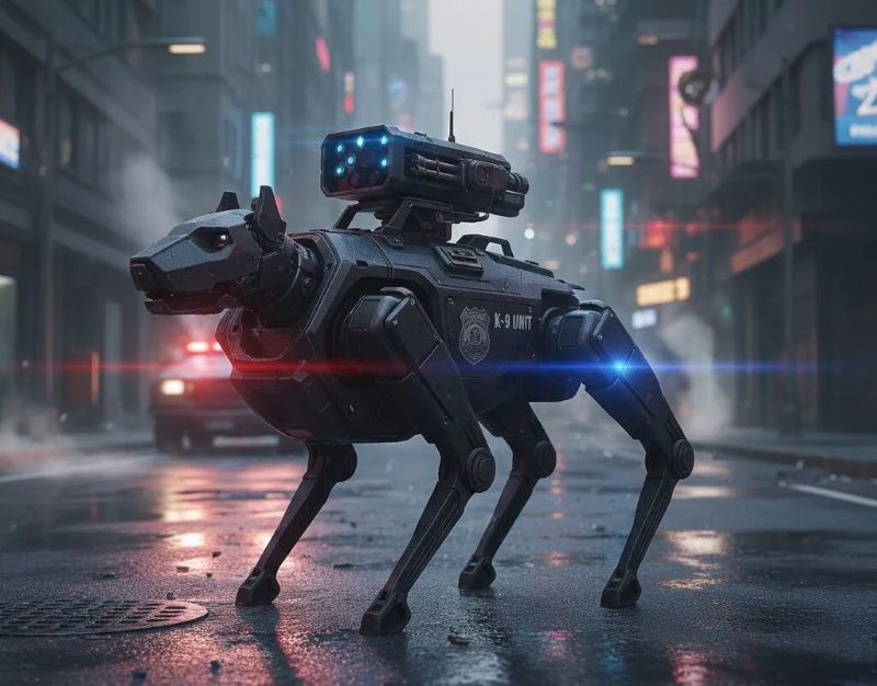 Robot dog on wet cyberpunk city street