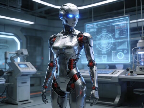 Silver humanoid robot with blue glowing eyes