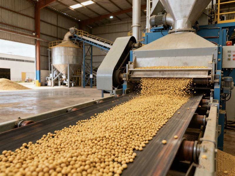 Soybeans moving on conveyor belt