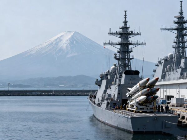 Warship docked at port with mount fuji in background