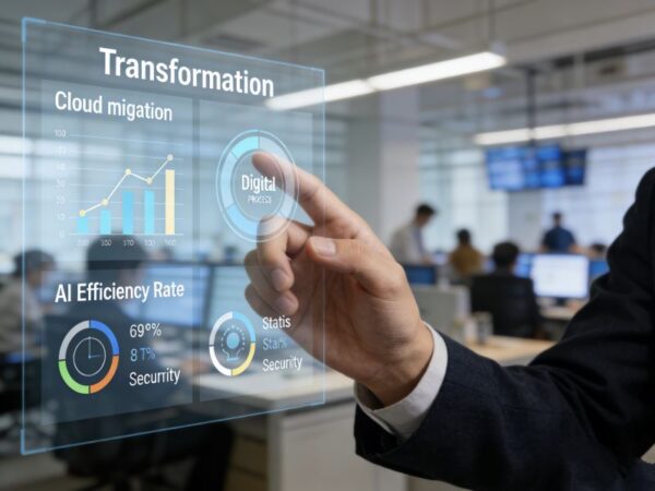 Business professional interacting with digital transformation dashboard