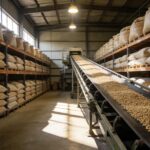 Conveyor belt moving grains with stacked sacks