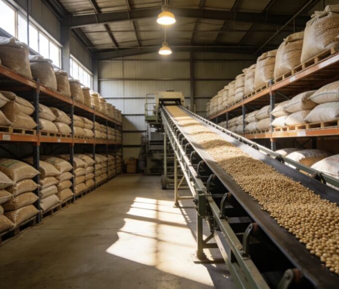 Conveyor belt moving grains with stacked sacks