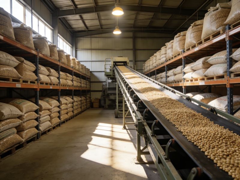 Conveyor belt moving grains with stacked sacks