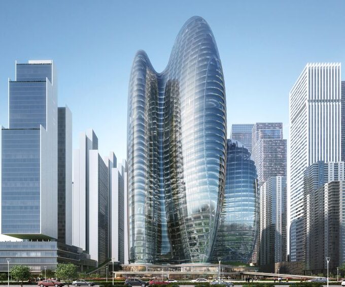 Futuristic glass skyscraper with organic shape in city skyline