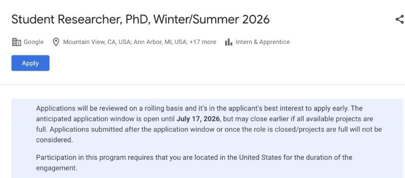Google student researcher posting with application details