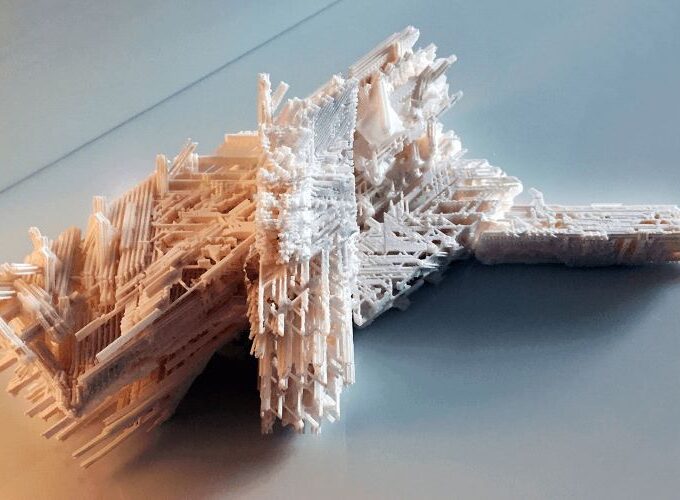 Intricate white 3d-printed architectural sculpture