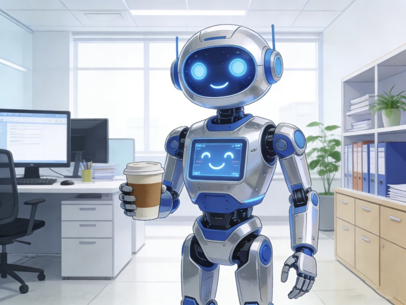 Office robot holding coffee cup in workspace