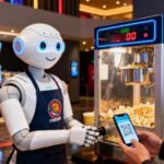Robot assistant serving popcorn and processing qr payment at cinema