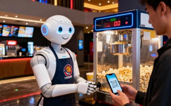 Robot assistant serving popcorn and processing qr payment at cinema