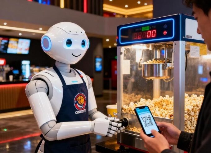Robot assistant serving popcorn and processing qr payment at cinema