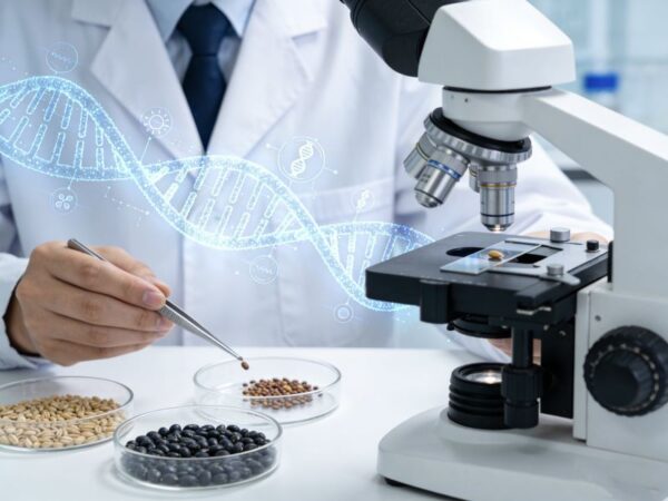 Scientist analyzing seeds under microscope