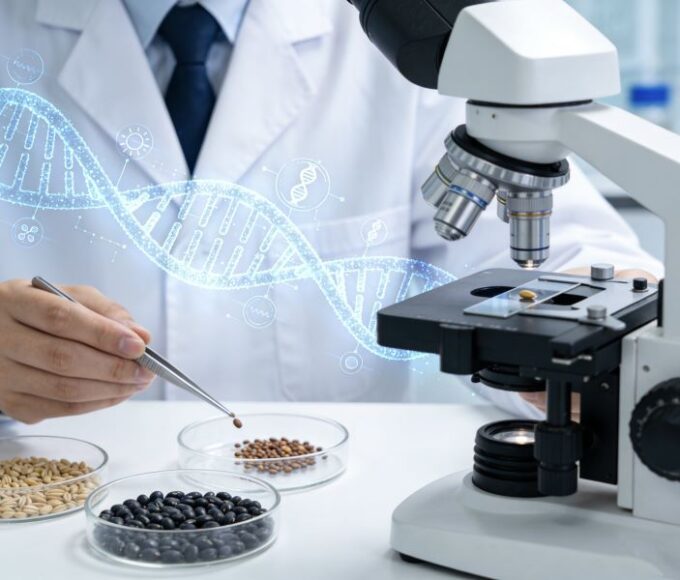 Scientist analyzing seeds under microscope