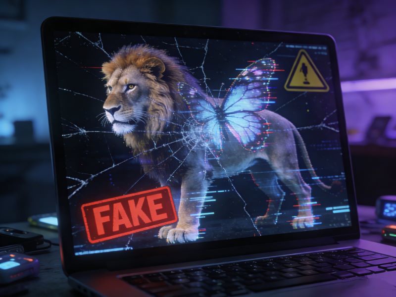 Screen showing fake lion-butterfly hybrid image