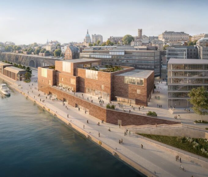Aerial view of brick clad cultural building
