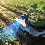 Agricultural robot scanning crops in field with blue laser
