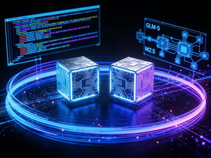 AI processing cubes with holographic data screens