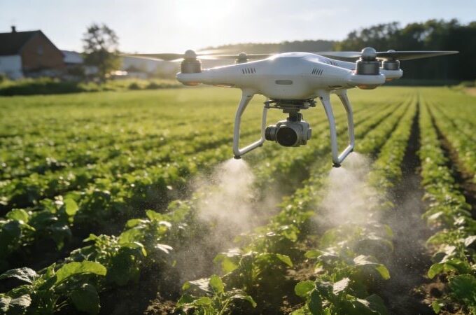 Farming drone applying fertilizer to vegetable field
