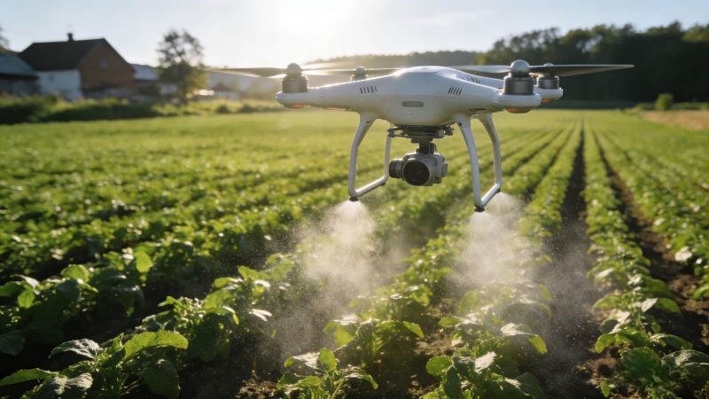 Farming drone applying fertilizer to vegetable field
