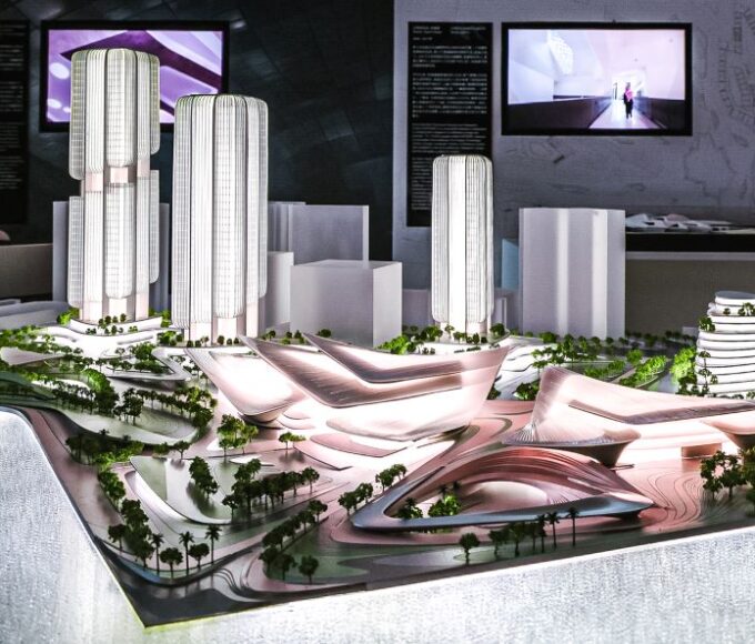 Futuristic urban development models with skyscraper