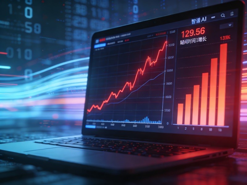 Laptop showing rising stock charts with digital data streams