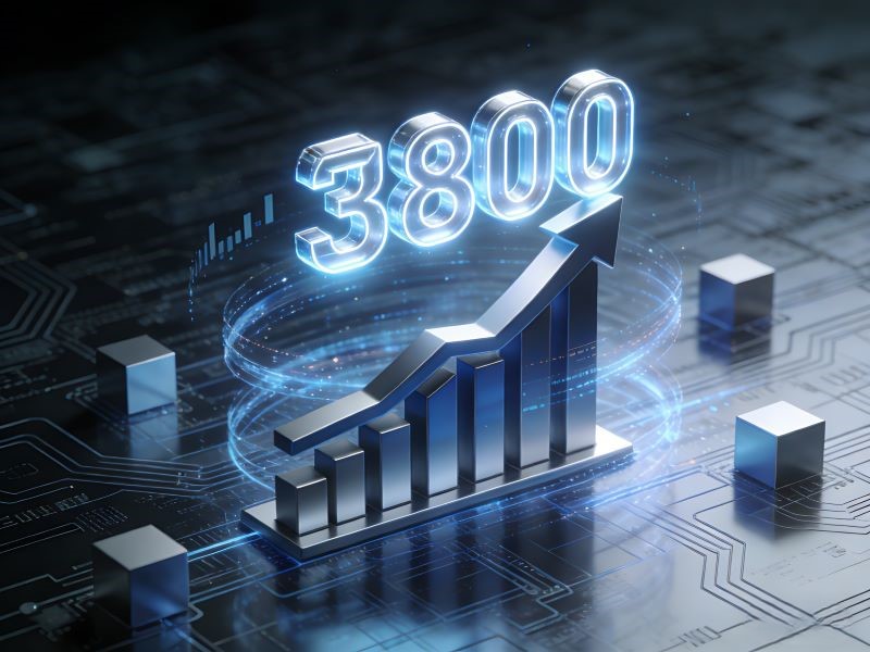 Glowing 3800 growth bar chart on tech circuit background